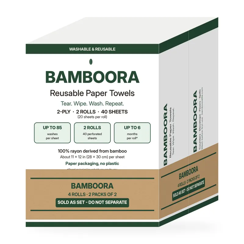 Bamboora Reusable Bamboo Kitchen Towels – 4-Roll Set